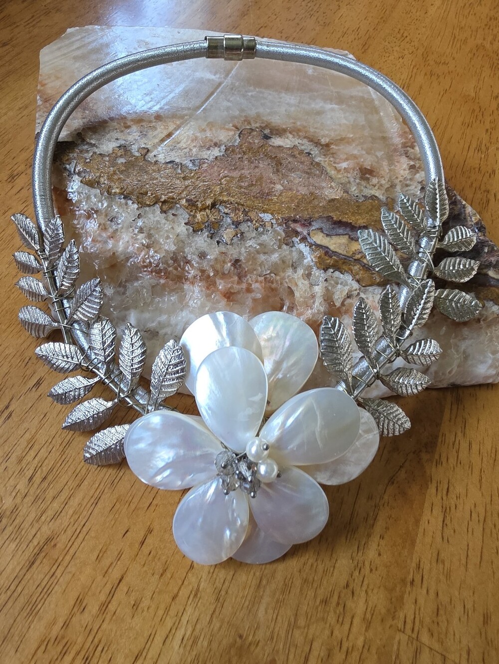Mother-Of-Pearl Vintage Floral Statement Bib Necklace With Leafy Vines